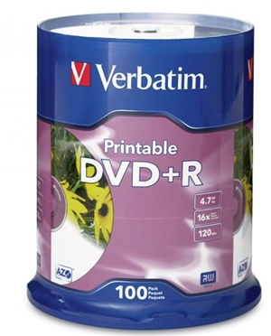 Verbatim DVD+R 4.7GB 16x White Printable 100 Pack on Spindle DVMV371