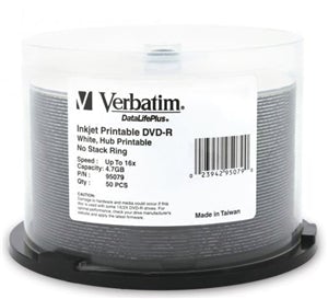 Verbatim DVD-R 4.7GB 16x White Wide Inkjet Printable 50pk on Spindle DVMV263