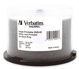 Verbatim DVD+R 4.7GB 16x White Wide Printable 50 Pack on Spindle DVMV363