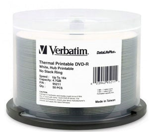 Verbatim DVD-R 4.7GB 16x White Wide Thermal Printable 50 Pack on Spindle DVMV265