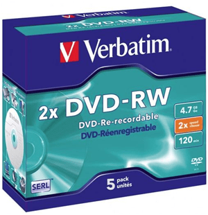 Verbatim DVD-RW 4.7GB 2x 5 Pack with Jewel Cases DVMV290