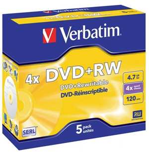 Verbatim DVD+RW 4.7GB 4x 5 Pack with Jewel Cases DVMV390