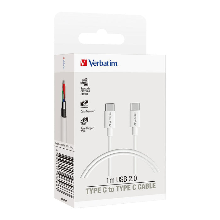 Verbatim Essentials Charge & Sync USB-C to USB-C Cable 1m White CX66586