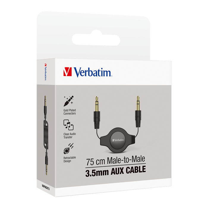 Verbatim Essentials Retractable Audio Cable 3.5mm Aux 75cm - Black CX66573