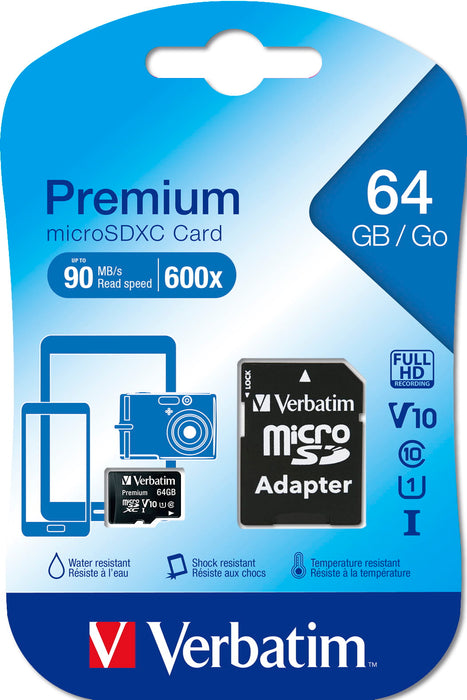 Verbatim Premium MicroSDXC Card with Adapter 64GB, Black AO44084