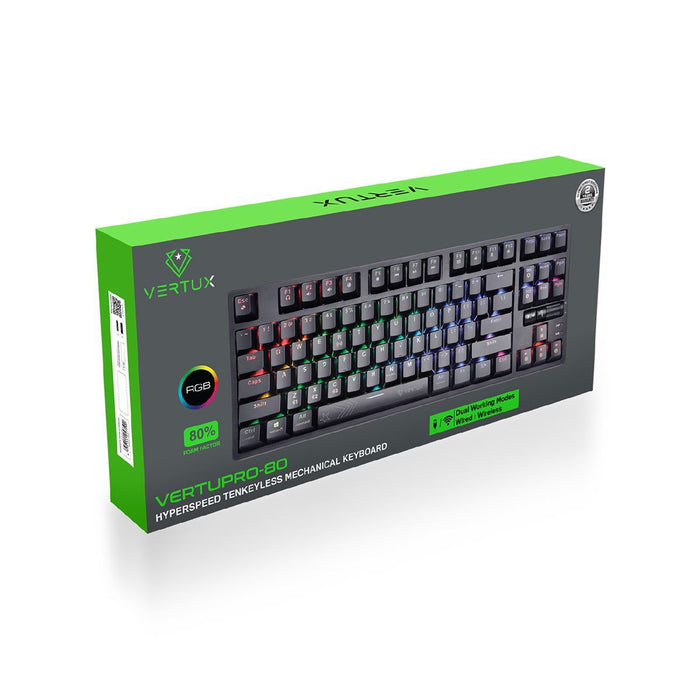 Vertux HyperSpeed Mechanical Gaming Keyboard, RGB LED Backlit Keys, Built-in 2000mAh Battery, Wireless CDVERTUPRO-80