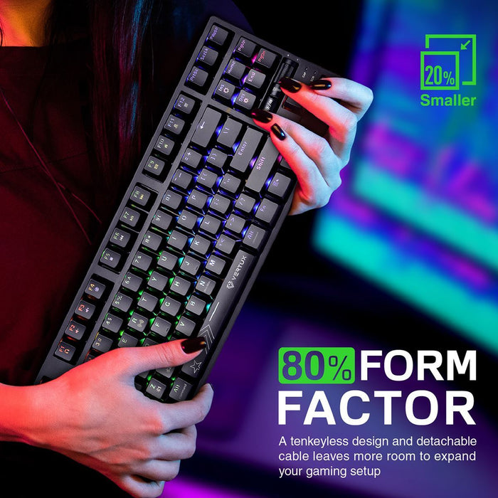 Vertux HyperSpeed Mechanical Gaming Keyboard, RGB LED Backlit Keys, Built-in 2000mAh Battery, Wireless CDVERTUPRO-80