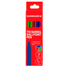 Warwick Triangular Barrel Ballpoint Pen, Medium 1.0mm, Pack of 3 Assorted Colours - Blue, Red, Green CX12025830